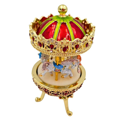Caixa de Música Carrossel com Gravação - Decoração Elegante em Dourado e Vermelho, 14 cm