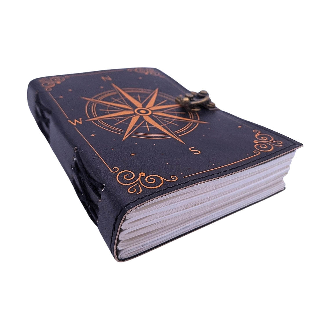 Caderno de pele Rosa dos Ventos retro preto e dourado com gravação personalizada