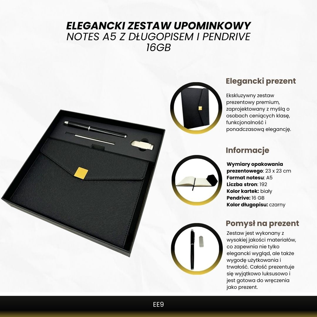Conjunto de Presente Premium Elegante com Personalização – Caderno de Couro A5, Caneta e Pen Drive 16GB em Estojo Preto e Dourado