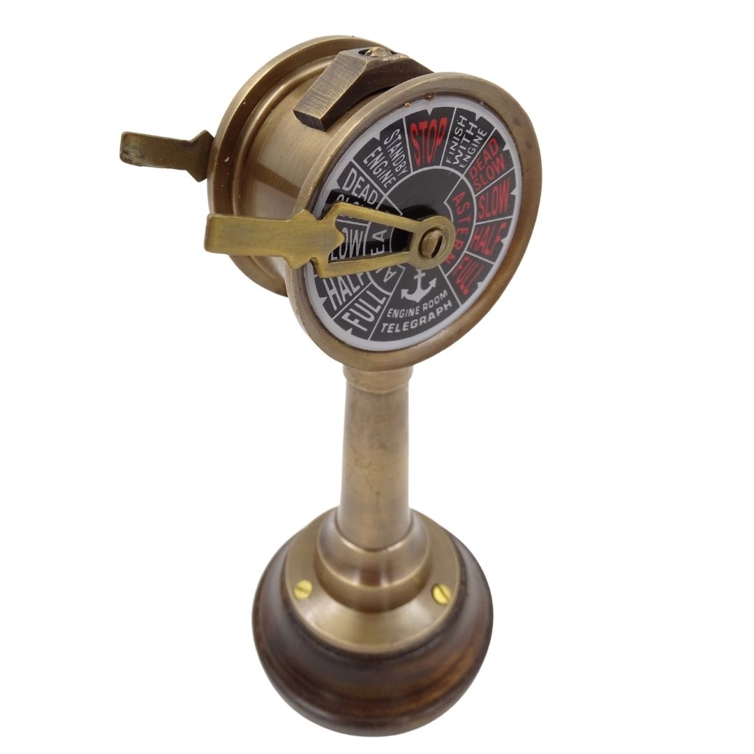 Telégrafo de Máquina TG4 Naval com Gravação - Presente Personalizado em Latão e Madeira, Altura 16,5 cm, Cores Dourado e Castanho