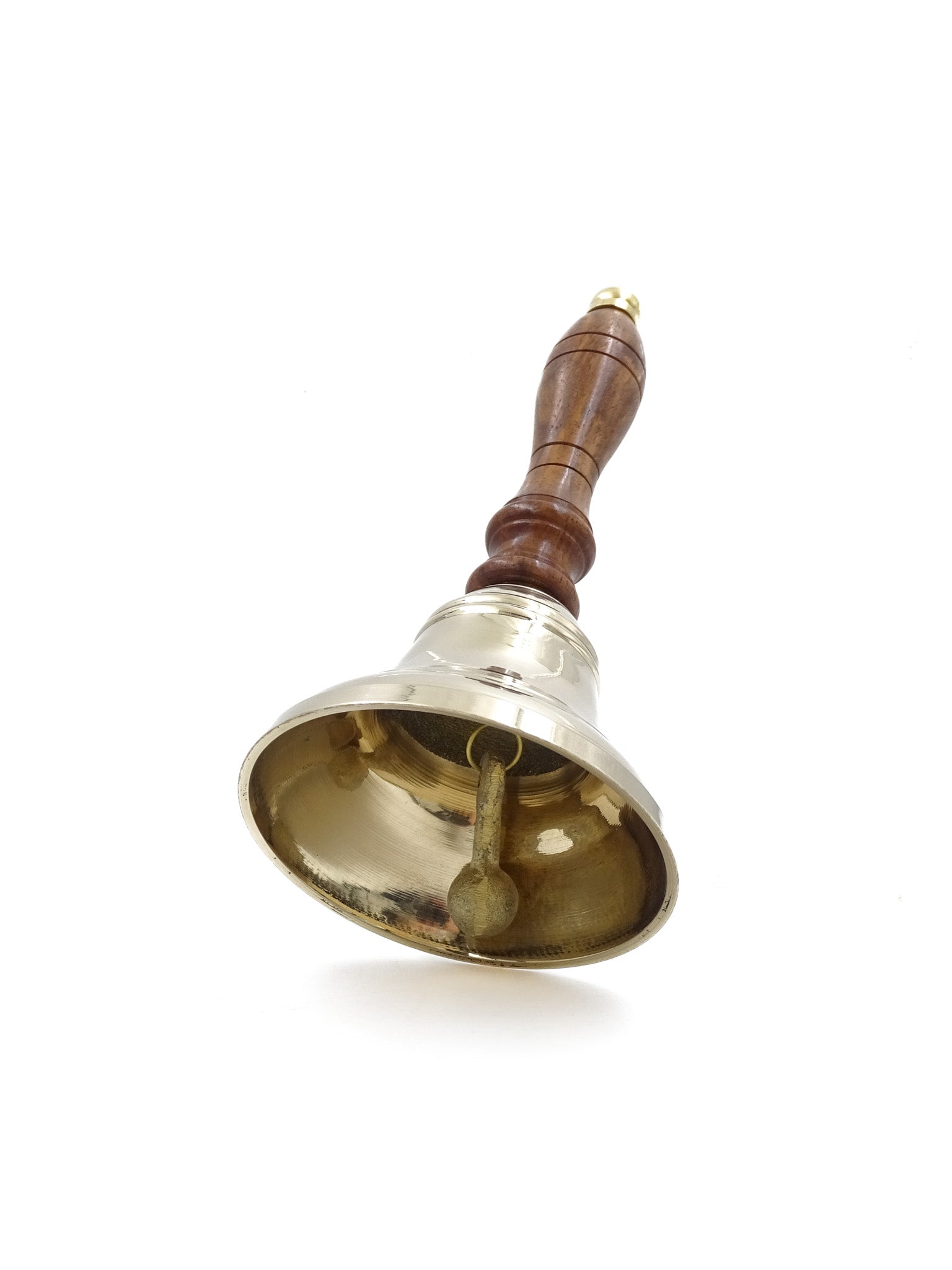 Campainha manual de latão com pega de madeira em estilo retro – gravação personalizada, ideal para presente – altura 16 cm, diâmetro 7,5 cm, dourado e castanho