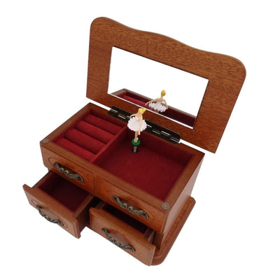 Caixa de música de madeira com espelho e gravação — presente elegante para joias, com duas gavetas, 10 cm de altura, melodia «The Entertainer»