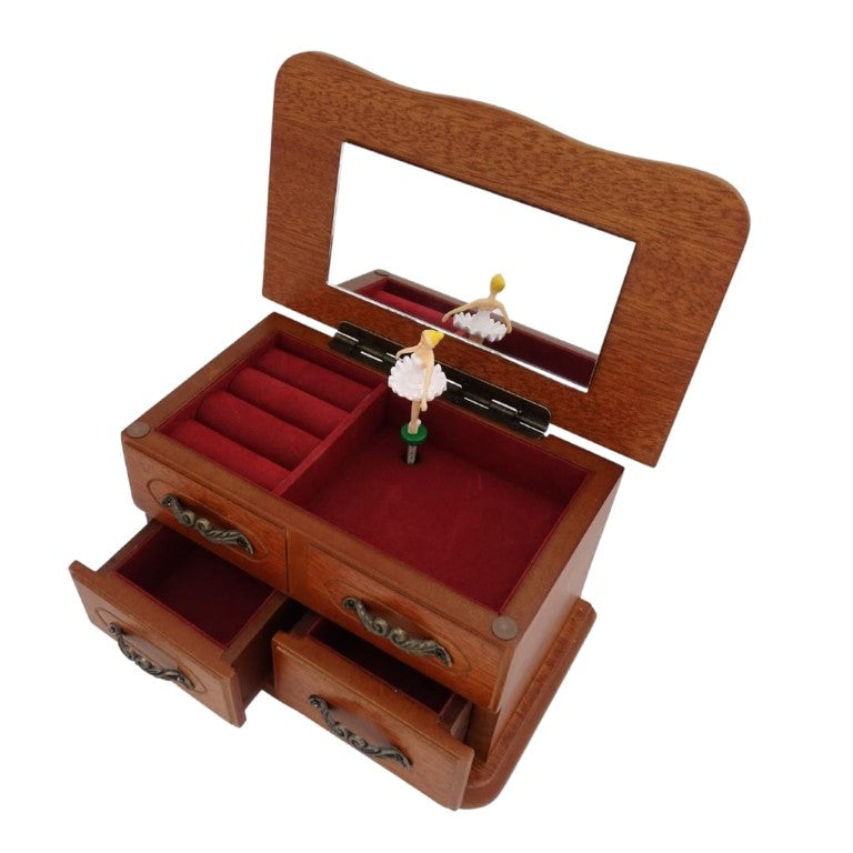 Caixa de música de madeira com espelho e gravação — presente elegante para joias, com duas gavetas, 10 cm de altura, melodia «The Entertainer»