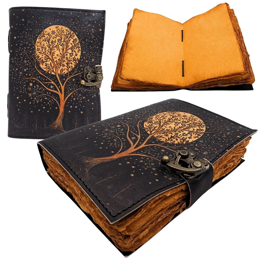 Caderno de pele vintage retro Árvore e Lua 200 páginas com possibilidade de personalização por gravação