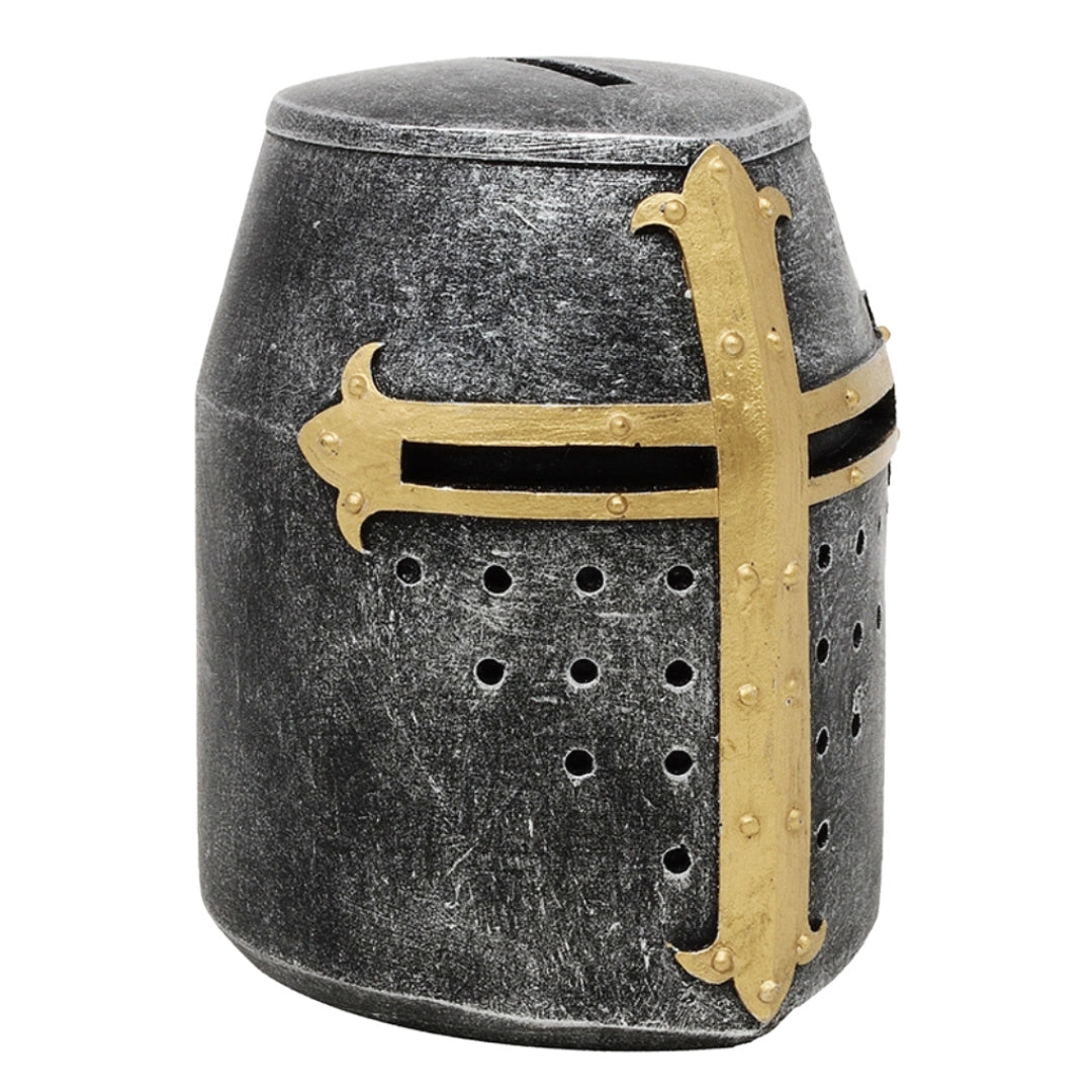 Mealheiro Capacete de Cavaleiro Cruzado com Personalização por Gravação – Presente Único em Estilo Medieval, Altura 10 cm, Pintado à Mão em Poliresina