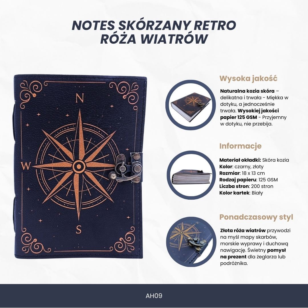 Caderno de pele Rosa dos Ventos retro preto e dourado com gravação personalizada