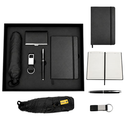 Conjunto Elegante Classico para Presente com Personalização - Caderno de Pele A5, Guarda-Chuva, Caneta, Porta-Cartões e Porta-Chaves em Caixa de Presente Estética