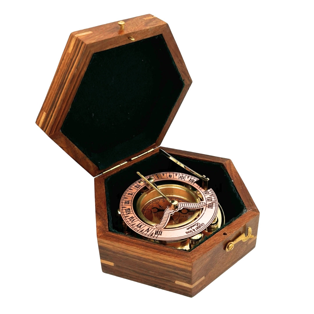 Bússola de latão com relógio de sol em elegante caixa de madeira - presente ideal com possibilidade de personalização por gravação - estilo retro, fabrico clássico, alta qualidade