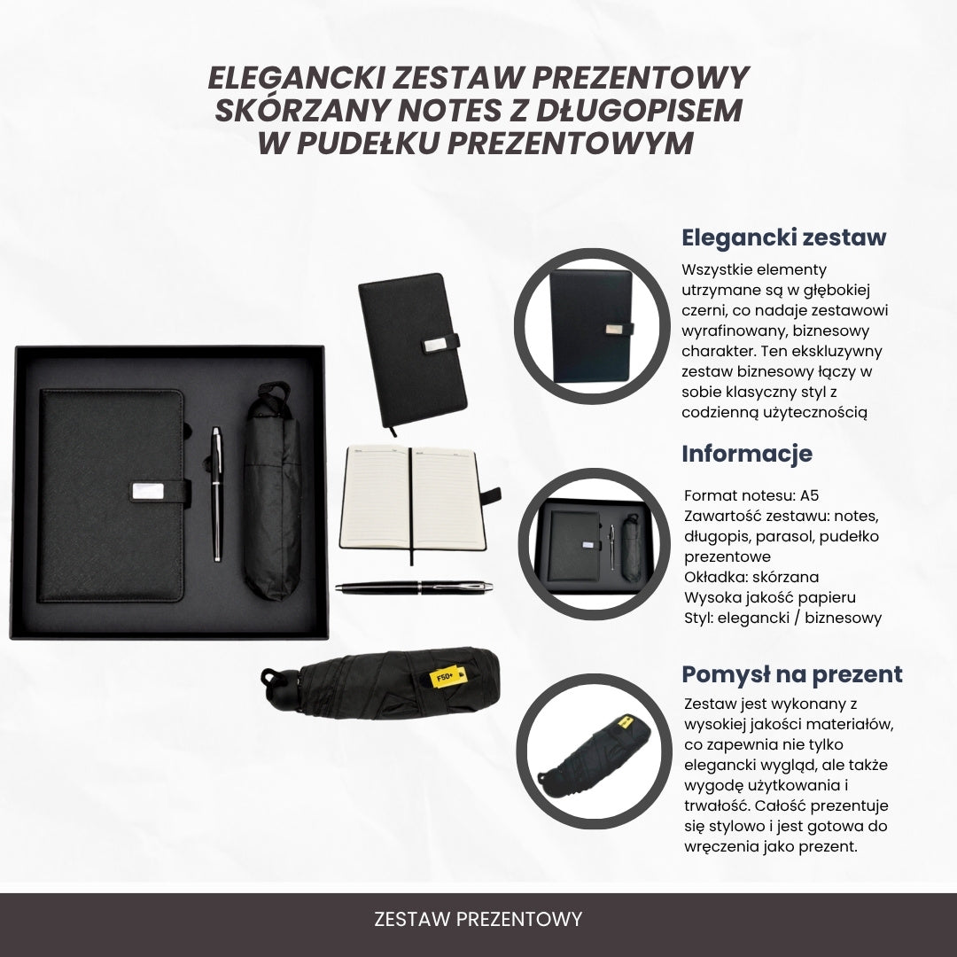 Conjunto Elegante para Presente com Personalização - Caderno de Pele A5, Caneta e Guarda-Chuva Preto em Caixa de Presente