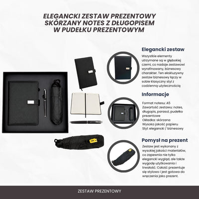 Conjunto Elegante para Presente com Personalização - Caderno de Pele A5, Caneta e Guarda-Chuva Preto em Caixa de Presente