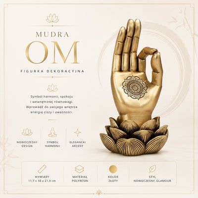 Estatueta dourada Mão de Buda Mudra OM com gravação - decoração elegante para presente - Flor de Lótus, 21 cm, polyresina, estilo glamour