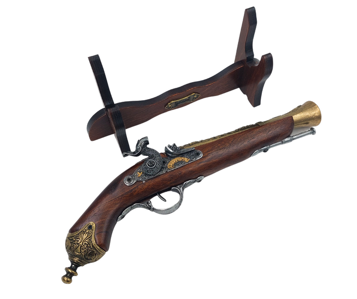 Réplica de Pistola de Pederneira do Século XVIII em Suporte com Possibilidade de Personalização por Gravação - Elemento Decorativo Elegante e Presente Ideal para Amantes da História - Feito de Metal e Madeira, Comprimento 38 cm