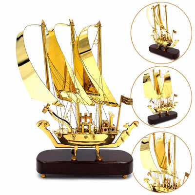 Navio Elegante em Latão com Base de Madeira 30 cm com Possibilidade de Personalização por Gravação