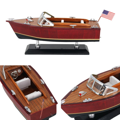 Modelo de Lancha de Madeira com Gravação – Barco Clássico de Motor 26 cm em Tons Profundos de Madeira