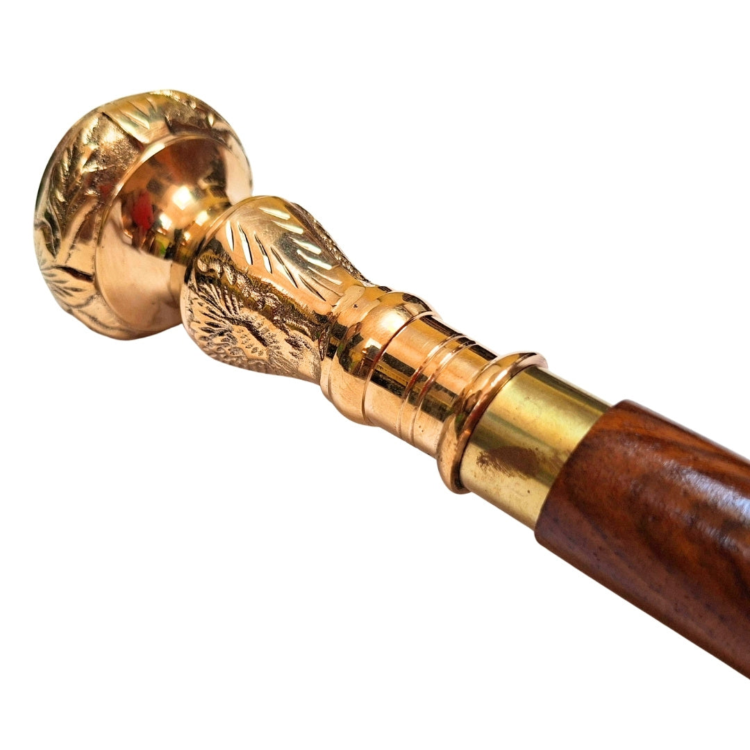 Bengala dobrável elegante com cabo de latão - bengala de madeira castanha com possibilidade de gravação - presente ideal para sénior com estilo retro - comprimento máximo 96 cm
