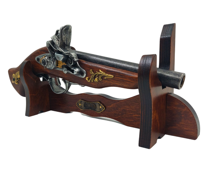 Réplica de Pistola Italiana do Século XVII em Suporte com Possibilidade de Personalização por Gravação - Elemento Decorativo Elegante para Presente, Feito de Madeira e Metal Polido, Comprimento 30 cm