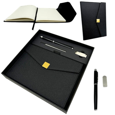 Conjunto de Presente Premium Elegante com Personalização – Caderno de Couro A5, Caneta e Pen Drive 16GB em Estojo Preto e Dourado