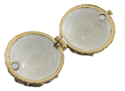 Caixa de metal exclusiva com cristais em forma de ovo Fabergé, azul-marinho e dourado, 5,5x6,5 cm com possibilidade de personalização por gravação