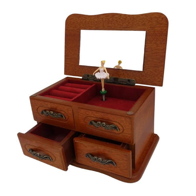 Caixa de música de madeira com espelho e gravação — presente elegante para joias, com duas gavetas, 10 cm de altura, melodia «The Entertainer»