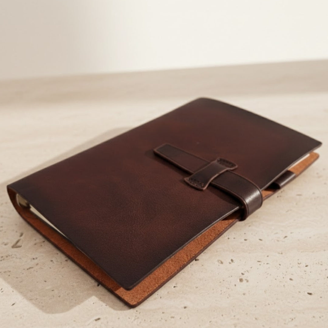 Caderno Elegante de Pele A6 Retro Vintage com Fecho e Personalização – Ideal para Presente – Castanho Escuro em Pele Bovina de Alta Qualidade – 80 Páginas de Papel Branco