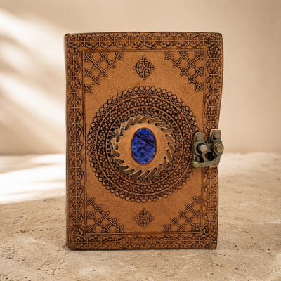 Caderno de Couro Retro com Pedra - Caderno Personalizado com Gravação - Couro de Búfalo, Castanho, 18x13 cm