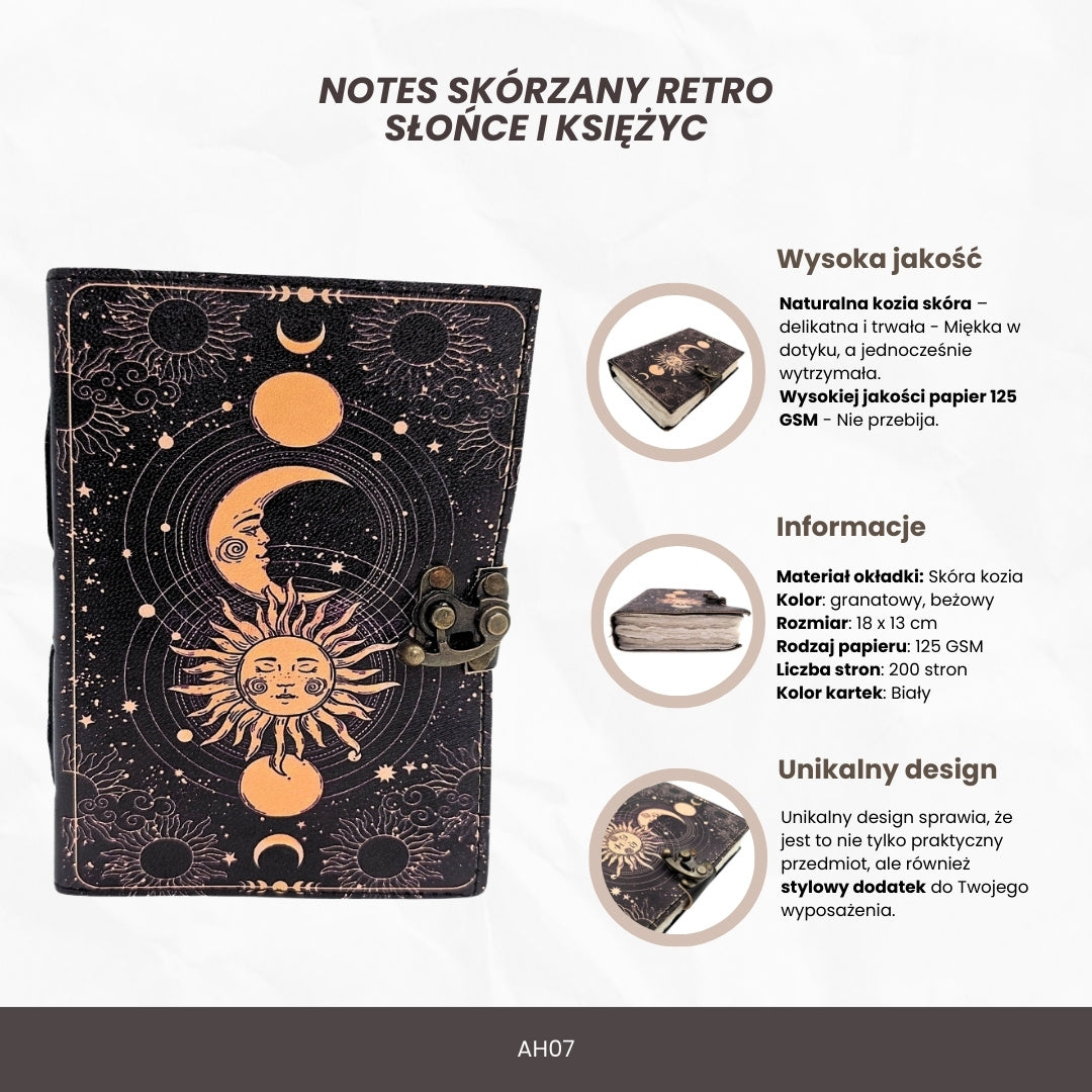 Caderno de pele Sol e Lua decorativo 200 páginas com possibilidade de personalização por gravação, azul-marinho, feito em pele de cabra, ideal para presente