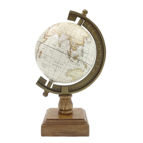 Globo Decorativo Estiloso Amundsen em Base de Madeira com Gravação - Decoração Elegante para Interiores Clássicos, Loft e Colonial, Ideal para Presente - Altura 26,5 cm, Cor Branco e Castanho, Toque Educativo em Inglês