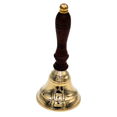 Campainha manual de latão com pega de madeira em estilo retro – gravação personalizada, ideal para presente – altura 16 cm, diâmetro 7,5 cm, dourado e castanho