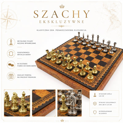 Xadrez metálico exclusivo Italfama 28x28 cm com possibilidade de gravação personalizada, tabuleiro castanho-preto, peças dourado-prateadas