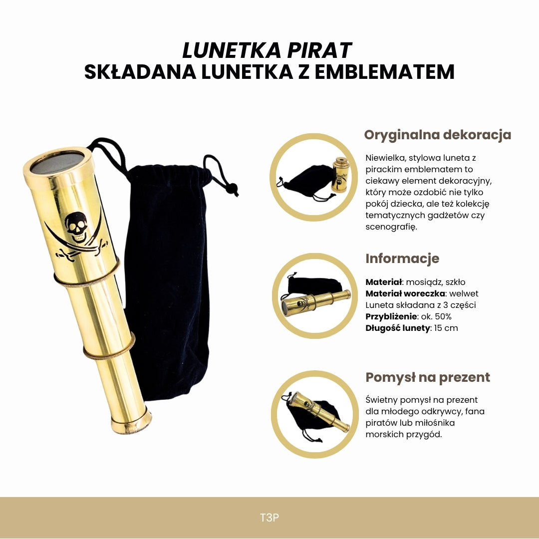 Luneta de Pirata com Emblema – Luneta Dobrável em Latão com Gravação – Presente Ideal para Jovem Explorador dos Mares – Altura 15 cm, Conjunto com Saquinho de Veludo