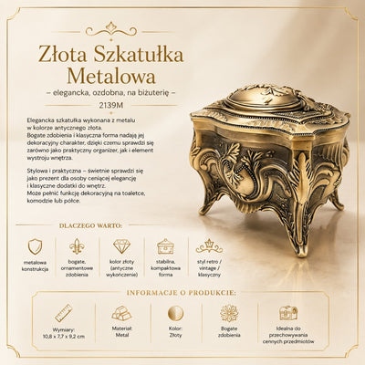 Caixa Metálica Dourada para Joias Retro com Possibilidade de Personalização por Gravação - Elegante e Ricamente Decorada, Ideal para Presente - Dimensões: 10,8 x 7,7 x 9,2 cm, Maciça e Imponente, Excelente para Guardar Objetos Valiosos