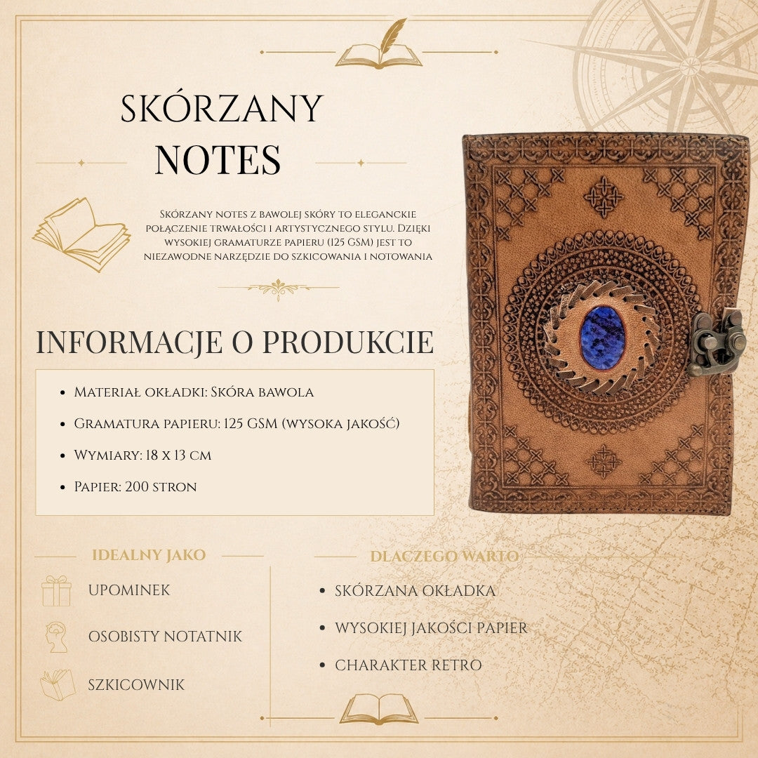 Caderno de Couro Retro com Pedra - Caderno Personalizado com Gravação - Couro de Búfalo, Castanho, 18x13 cm