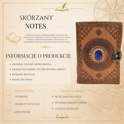 Caderno de Couro Retro com Pedra - Caderno Personalizado com Gravação - Couro de Búfalo, Castanho, 18x13 cm