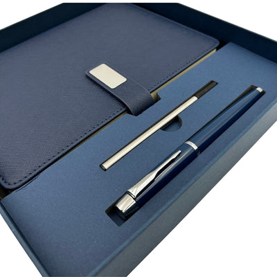 Caderno de Pele Azul Escuro Elegante A5 com Caneta e Gravação Personalizada em Caixa de Presente