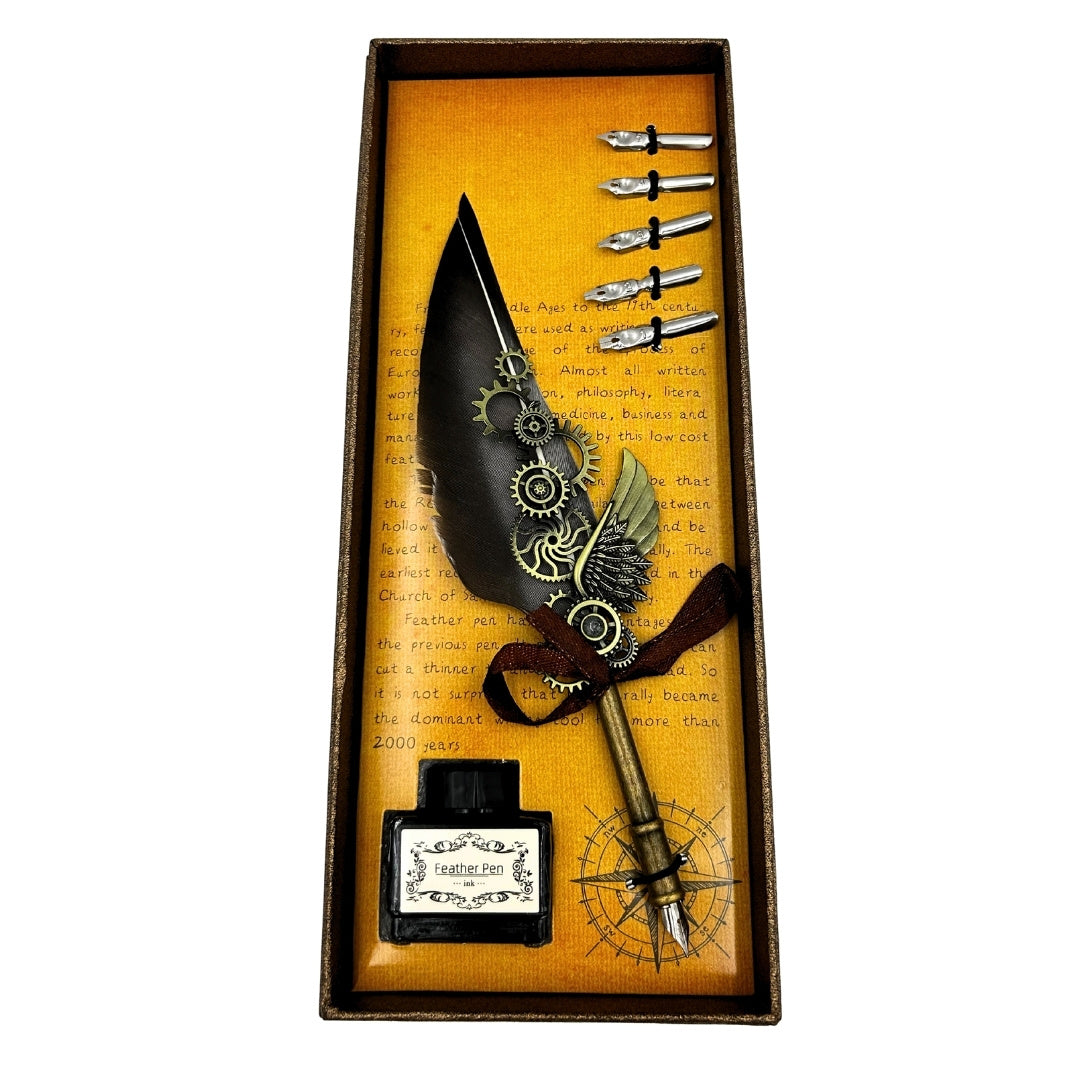 Conjunto Elegante de Caligrafia Retro com Pena de Ganso Cinzenta, 6 Penas, Tinta 15ml e Opção de Personalização por Gravação