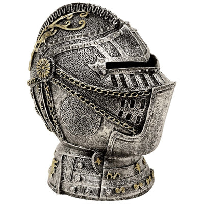 Mealheiro Decorativo em Forma de Elmo de Cavaleiro com Gravação - Prateado Envelhecido, 13 cm