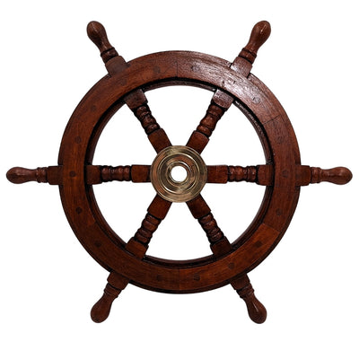 Roda de leme de madeira 45 cm com centro em latão - Gravação personalizada - Decoração retro marinheira para presente de velejador ou amante do mar