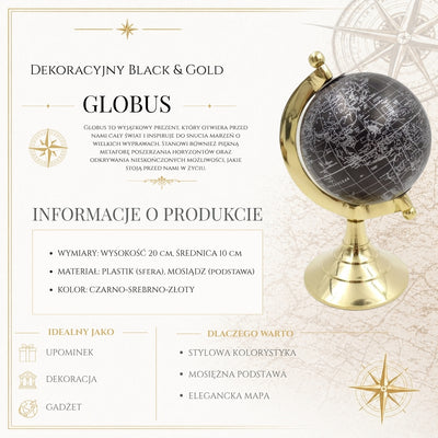 Globo decorativo Black & Gold com possibilidade de gravação personalizada – acessório elegante para presente, altura 20 cm, base de latão, mapa preto com inscrições prateadas