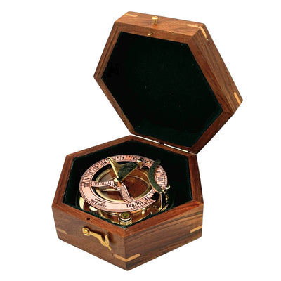 Bússola de latão com relógio de sol em elegante caixa de madeira - presente ideal com possibilidade de personalização por gravação - estilo retro, fabrico clássico, alta qualidade