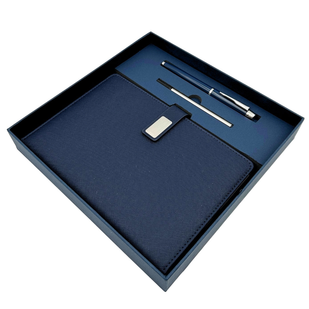 Caderno de Pele Azul Escuro Elegante A5 com Caneta e Gravação Personalizada em Caixa de Presente