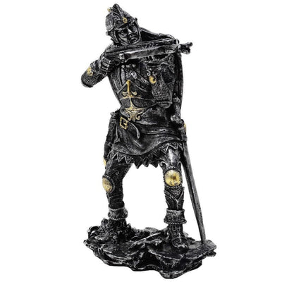 Figura de Cavaleiro Medieval com Besta 20cm com Possibilidade de Personalização por Gravação - Decoração Prateado-Dourada para Presente para Amantes de História e Fantasia - Pintada à Mão em Poliresina