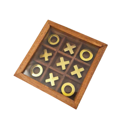 Jogo Elegante de Jogo da Velha em Caixa com Tampa de Vidro com Possibilidade de Personalização por Gravação - Conjunto Luxuoso de Madeira e Latão, Ideal para Presentear Professores e Diretores - Dimensões 12,5 x 12,5 x 2,5 cm