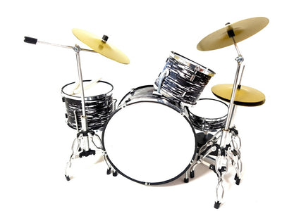 Mini bateria preto e branco MDR-0015 1:5 com possibilidade de personalização por gravação - presente perfeito para amantes de música, feita de metal e plástico, altura 15 cm, largura 20 cm, profundidade 20 cm, para montagem própria