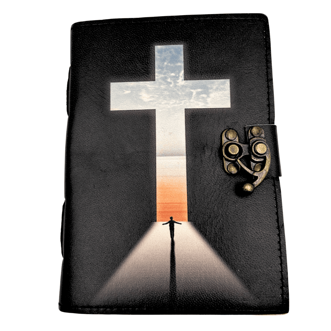 Caderno de Couro Cruz Religiosa Livro de Orações com Gravação