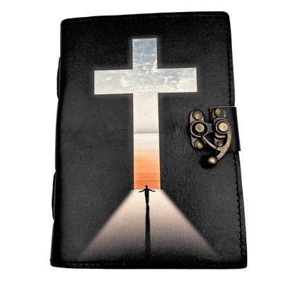 Caderno de Couro Cruz Religiosa Livro de Orações com Gravação