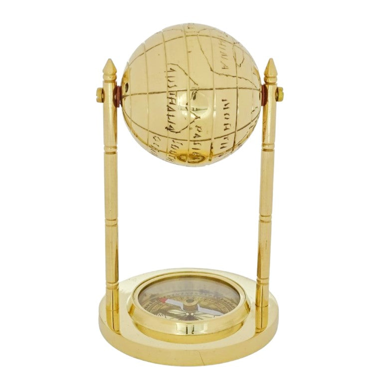 Globo Decorativo de Latão com Bússola e Possibilidade de Personalização por Gravação, Dourado, Altura 12,5 cm