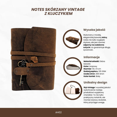 Caderno de pele retro com chave e correia 200 páginas 18 x 13 cm