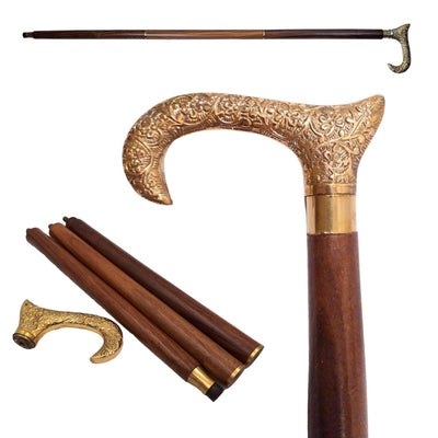 Bengala de Madeira com Cabo Dourado - Dobrável - Presente Elegante com Possibilidade de Personalização com Gravação - 91,5 cm, Castanha com Pegador de Latão