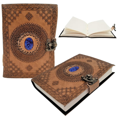 Caderno de Couro Retro com Pedra - Caderno Personalizado com Gravação - Couro de Búfalo, Castanho, 18x13 cm