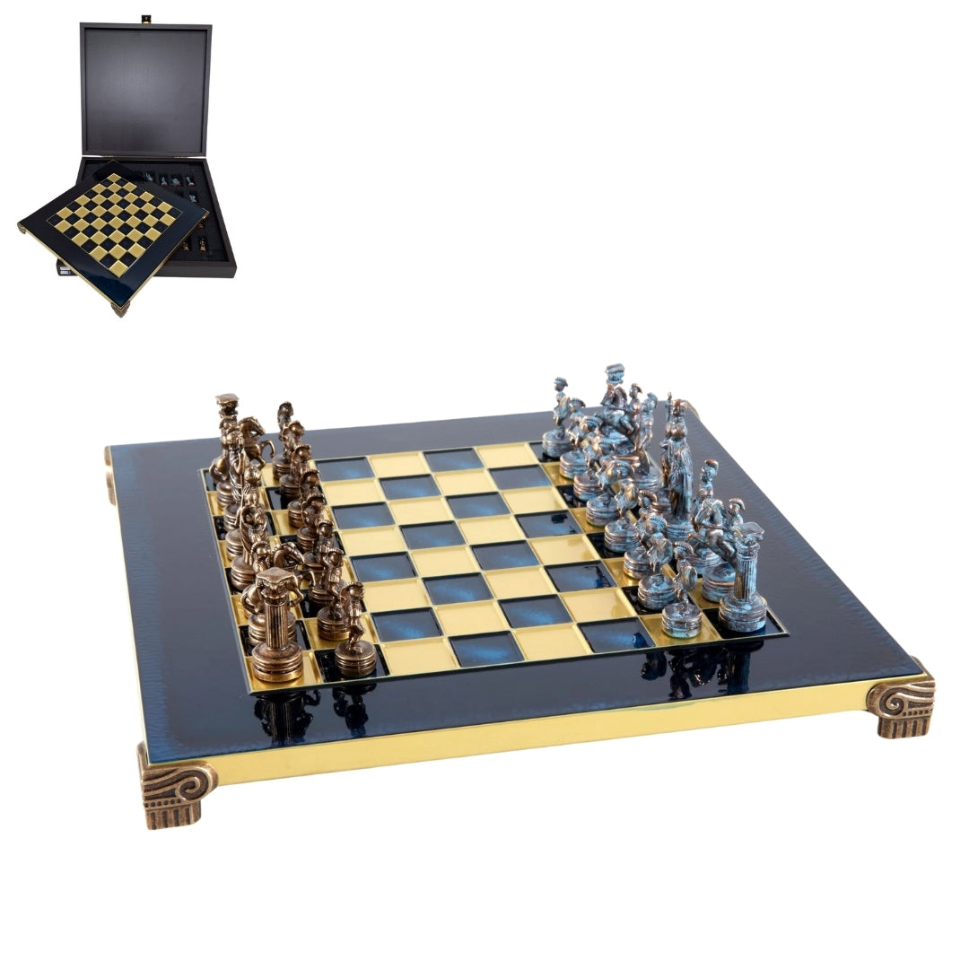Xadrez em latão 28 x 28 cm com gravação personalizada – Presente exclusivo para enxadrista, acabamento manual de alta qualidade, cor antiga com tabuleiro azul escuro e dourado
